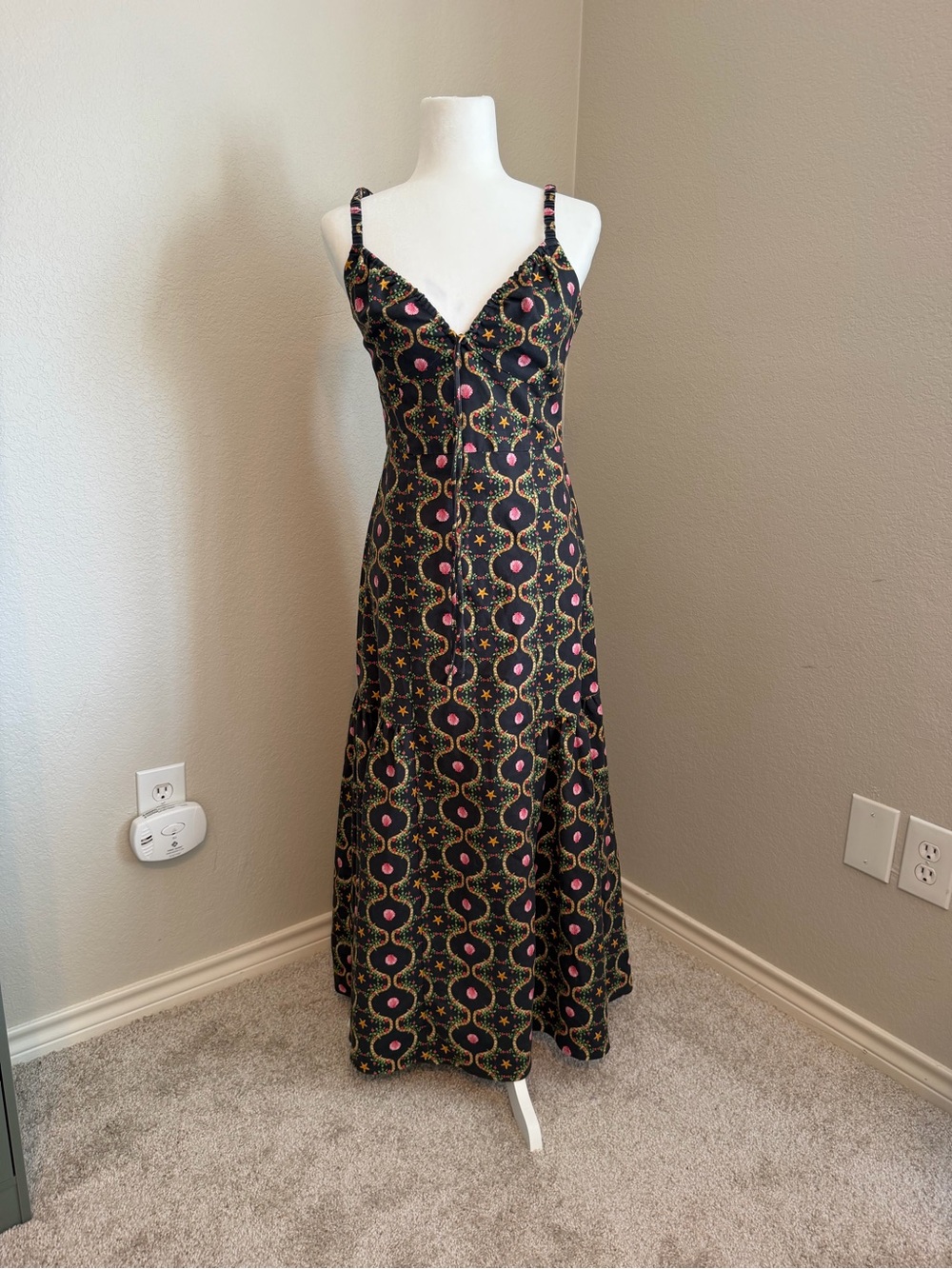 Hill House Black Maxi Dress with Pink & Gold Geometric Floral Print